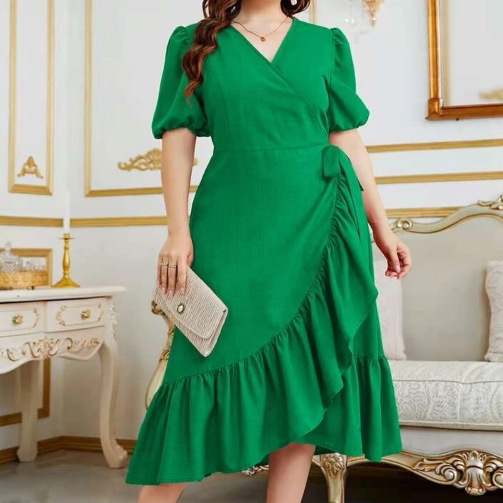 Green ruffle wrap dress